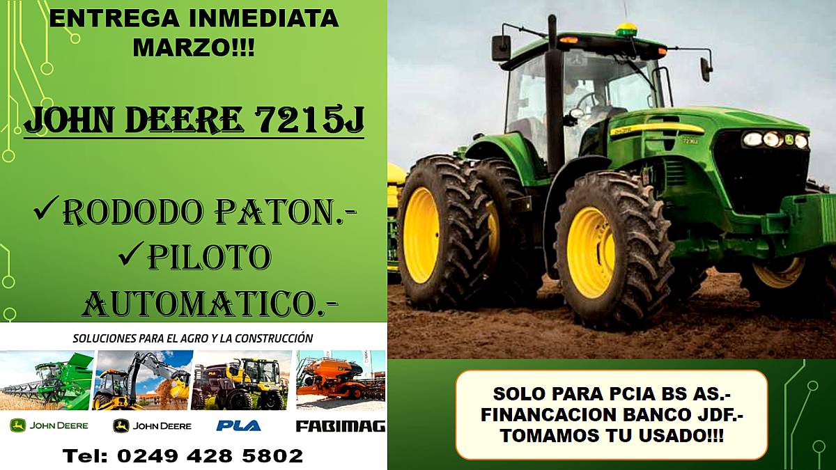 John Deere 7.215j Nuevo. Rodado Paton. Entrega Marzo Agroads