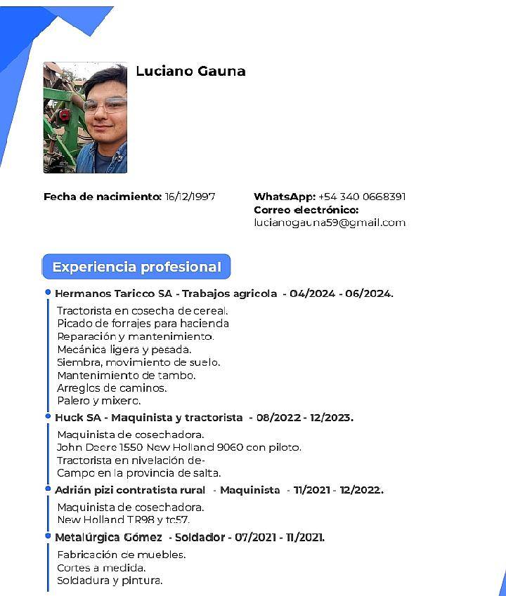 Busco Trabajo de Maquinista o Tractorista