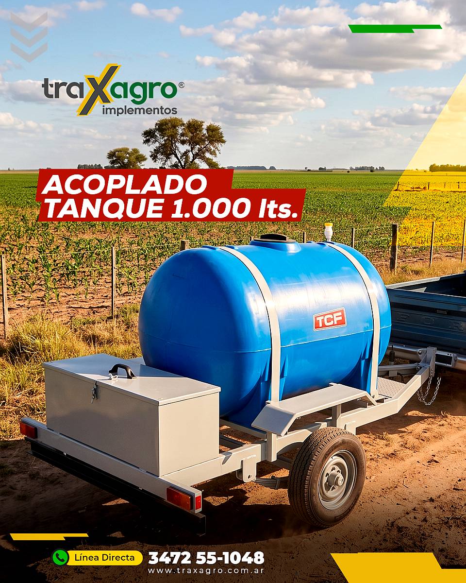 Acoplado Tanque Plastico 1 Eje TCF 1.000 Litros con Baulera