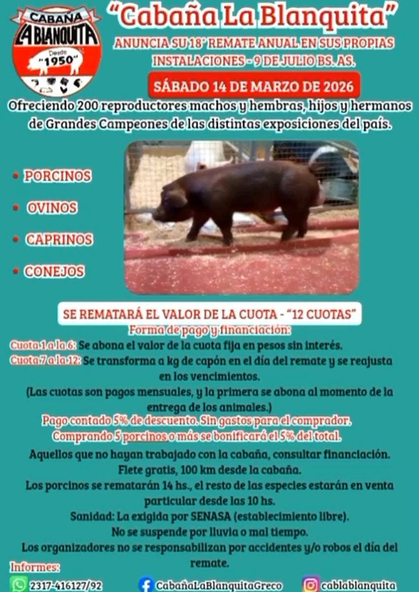 Remate de Reproductores Porcinos, Ovinos y Caprinos