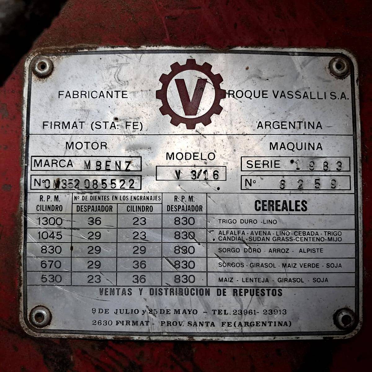 Cosechadora Vassalli 3-16 Serie 1983
