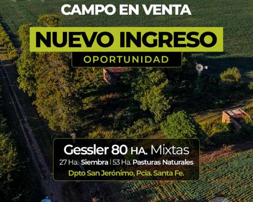 Gessler 80 Has Mixtas. Campo en Venta. Oportunidad