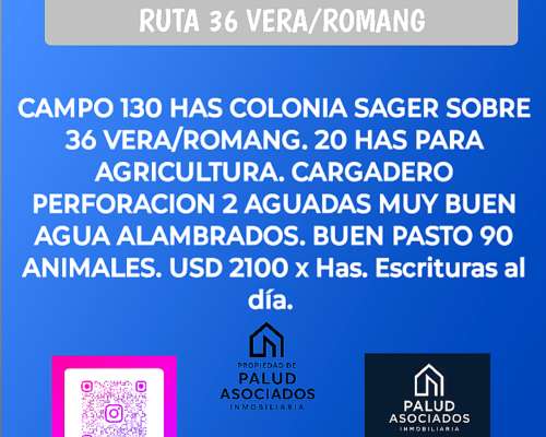 Vendo 130 Has Colonia Sager Romang Sobre Ruta 36 Vera Romang