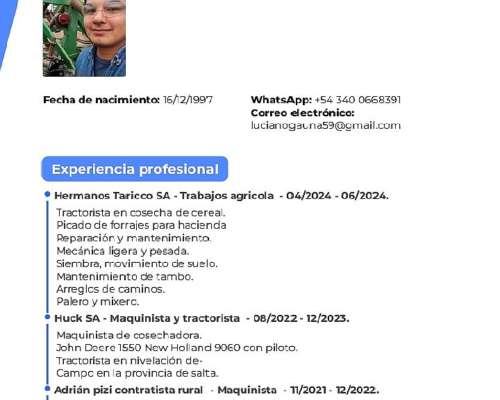 Busco Trabajo de Maquinista o Tractorista