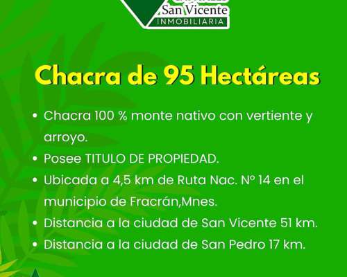 Chacra 95 Hectareas en Fracran Misiones
