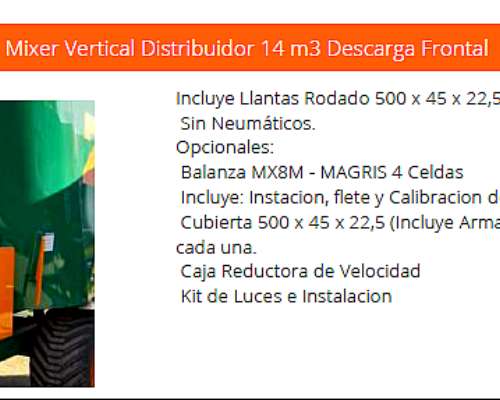 Mixer Vertical Distribuidor 14 M3 Descarga Frontal Agromec