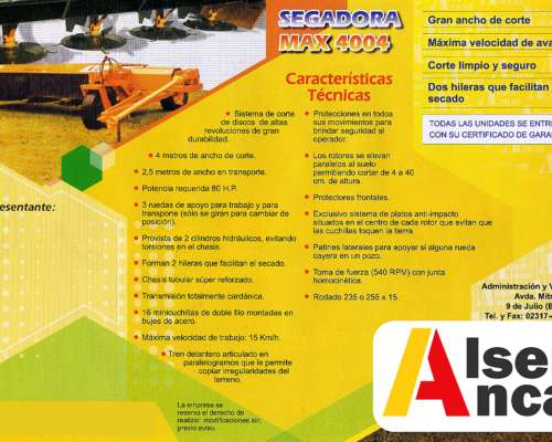 Segadora MAX 4004 - 4 Mts de Corte - Cardanica Alser Anca