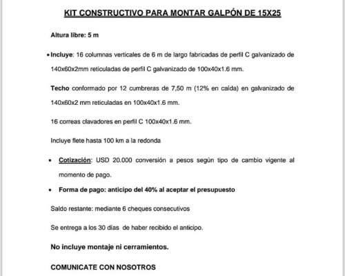 Kit de Montaje para Galpon de 15 X 25 M 📲 3496-513620