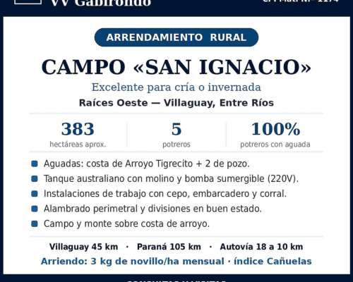 Arriendo Campo Ganadero 383 Ha – Raíces Oeste, Villaguay ER.