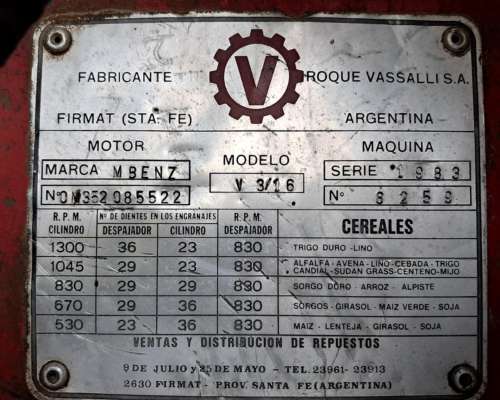 Cosechadora Vassalli 3-16 Serie 1983