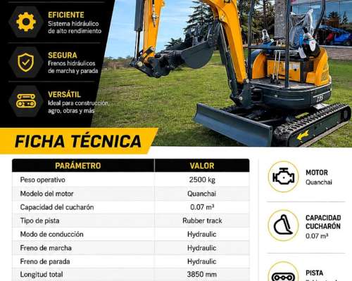 Miniexcavadora, 2.5tn/ Orugas de Goma