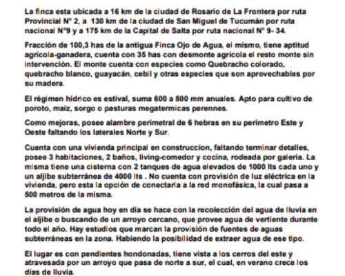 Campo en Rosario de la Frontera - $ 1.400 / ha - Agroads